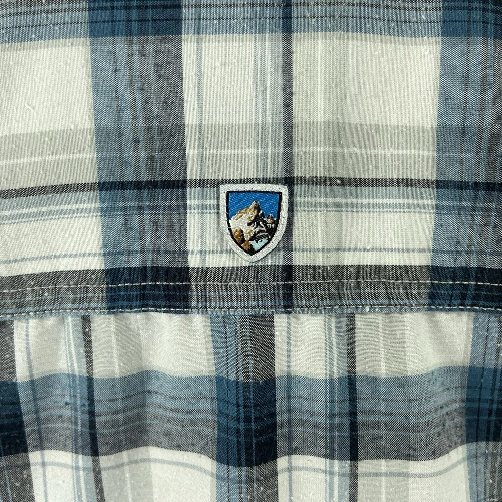 KUHL Shirt Mens Large STYK Button Up Blue Plaid Short Sleeve Pockets Outdoor